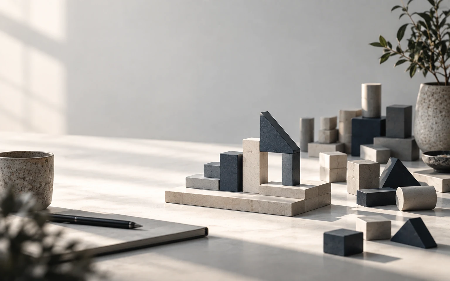 Minimal editorial still life showing a small foundation built from modular blocks.