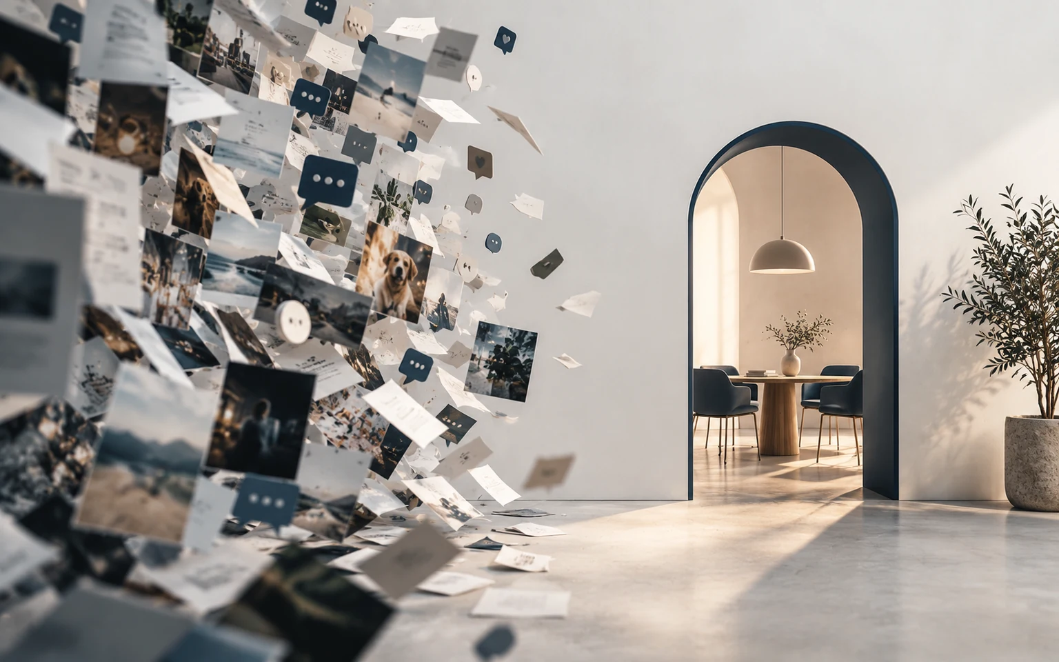 Editorial concept contrasting a busy social feed with a calm focused destination.