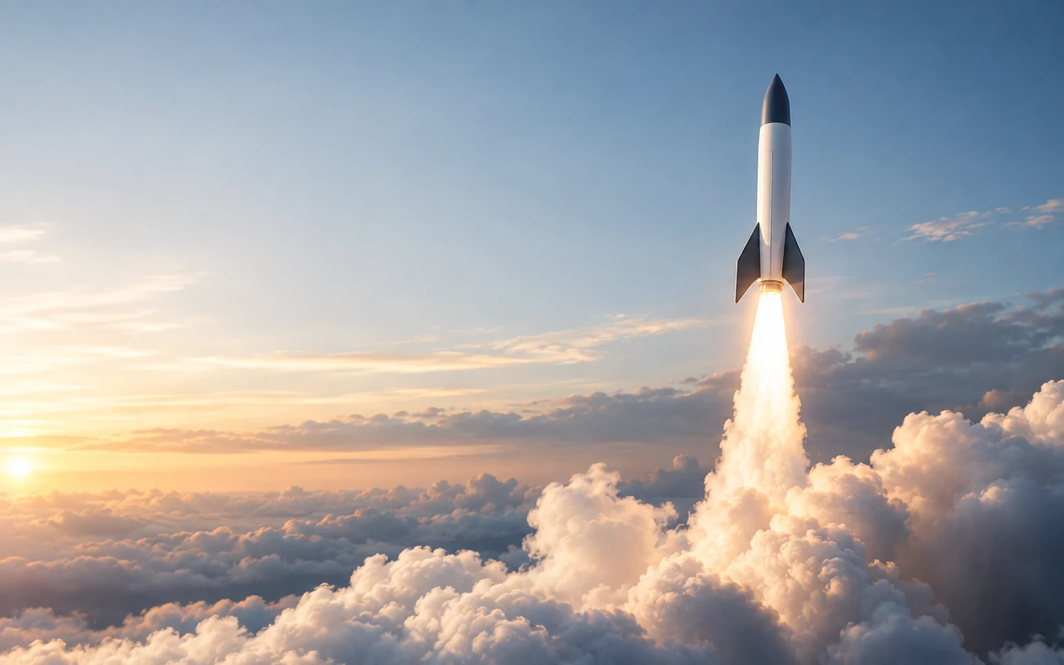 Minimalist rocket rising through clouds representing growth and acceleration.