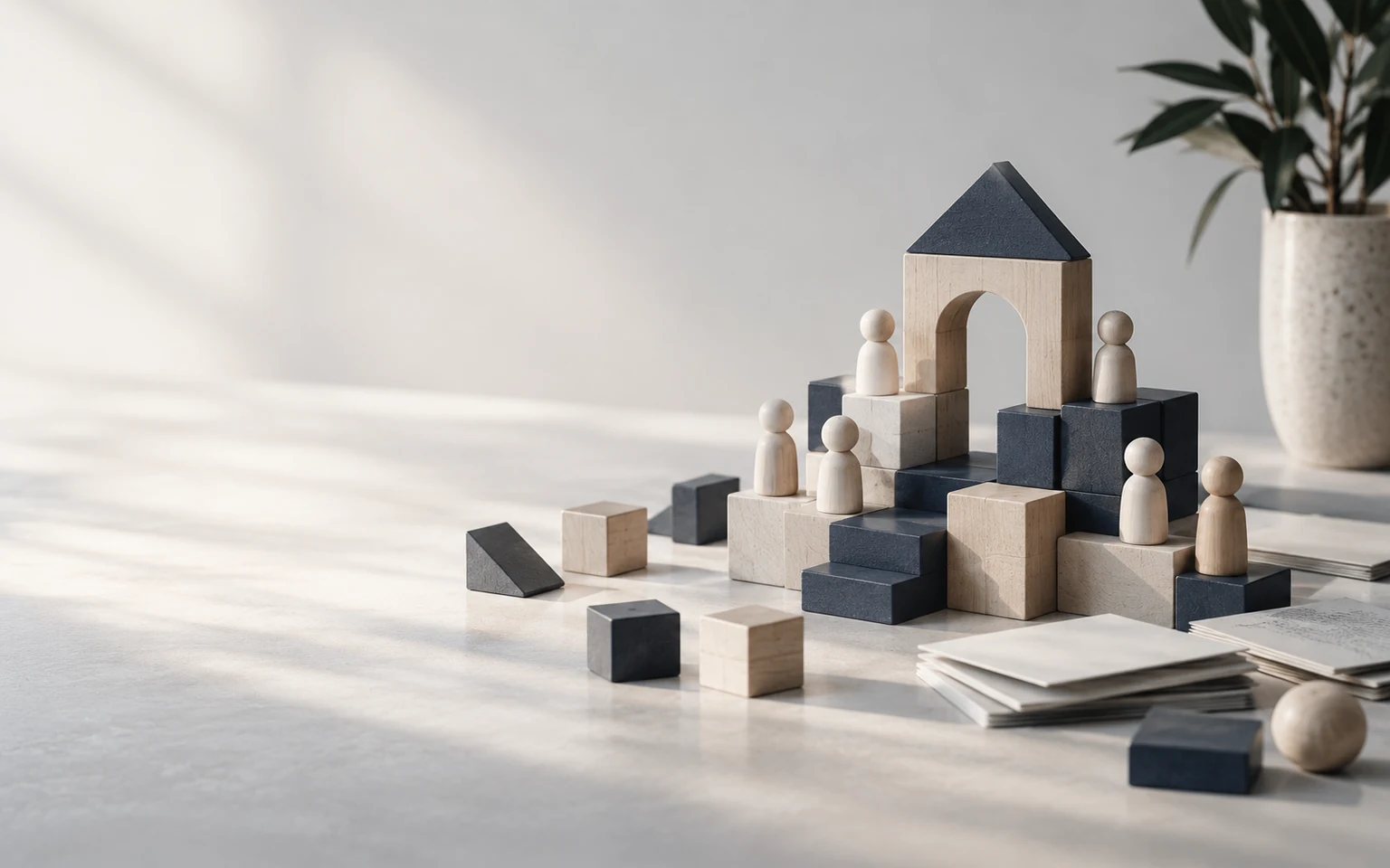 Editorial still life of modular blocks and figures representing a community being built.